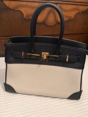 Black and Cream Structured Top-Handle Tote